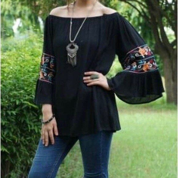 Avani del Amour Ruffle Embroidered Sleeves Boho Festival Tunic Top Blouse Small - Picture 2 of 10